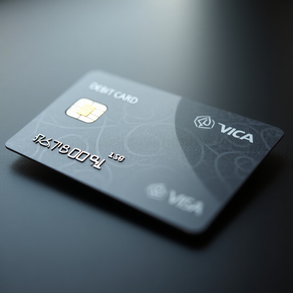 Photo of a debit card with chip technology. Card shows sleek black design with minimal details and embossed numbers.