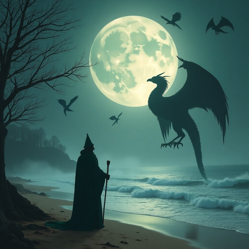 Dreamlike landscape with large bird-shaped entities emerging from mist. Glowing central sun with barren trees. A wizard stands on a beach, gazing at the moonlit sky. He wears a long, dark green robe and holds a staff. Several dragons fly in the night sky. The ocean waves crash gently on the shore, illuminated by the moon. The scene is tranquil yet magical, evoking a sense of adventure and wonder.