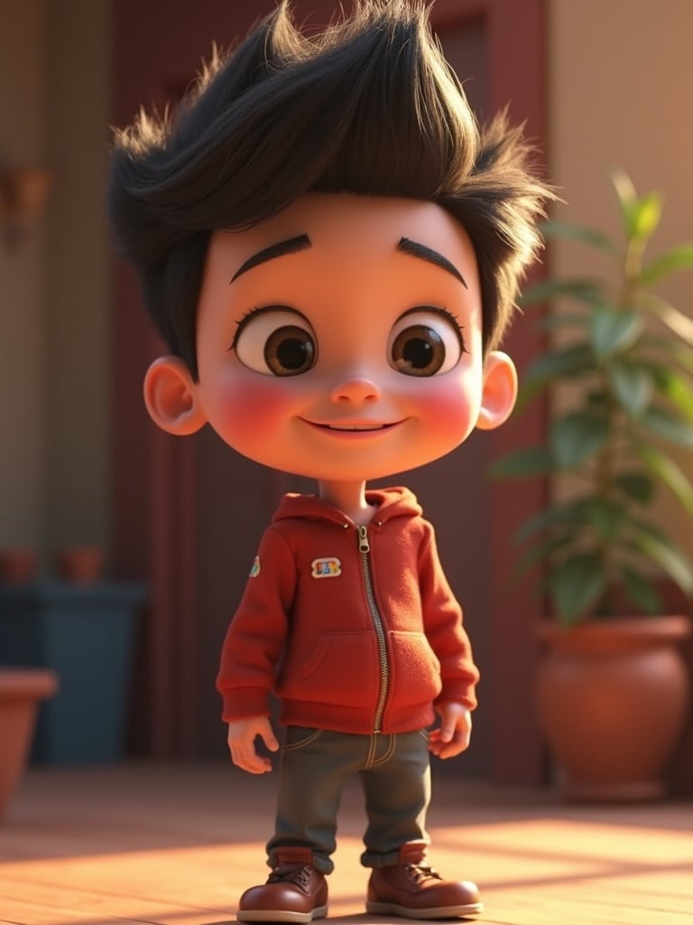 A stylized 3D character of a young boy with a playful expression. The character wears a red hoodie and has spiky hair. He stands confidently in a casual pose. Background contains indoor plants and is softly lit.