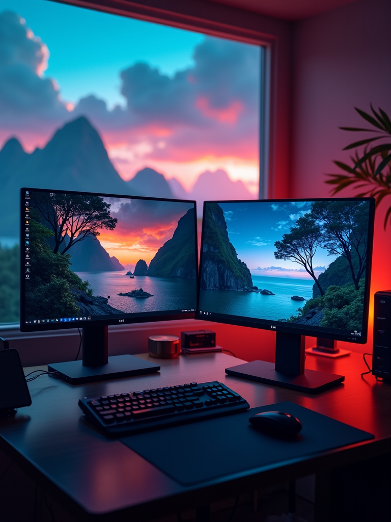 A dual-monitor setup on a desk in a warmly lit room, displaying serene landscapes, with a scenic mountain view outside the window at sunset.