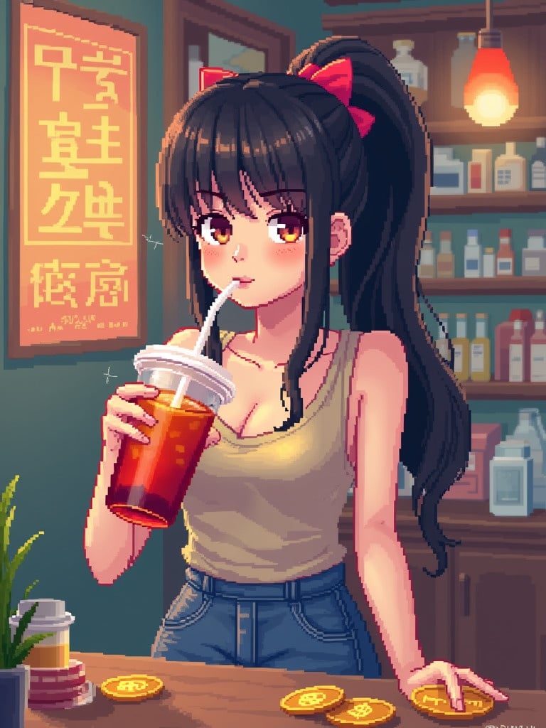 Pixel art depicts a girl. She drinks bubble tea. The background shows a variety of drinks and bottles. The girl wears a tank top and has long hair. The atmosphere is cheerful and vibrant. She enjoys her drink while surrounded by gaming vibes.