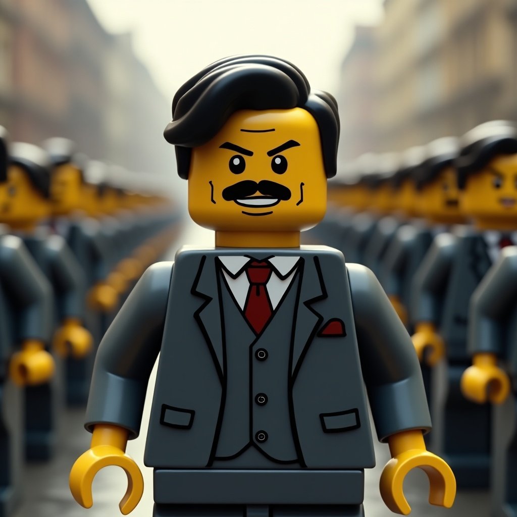 A LEGO man stands confidently in a grey suit. He has a black mustache and side-parted hair. He leads an army of identical LEGO figures in the background.