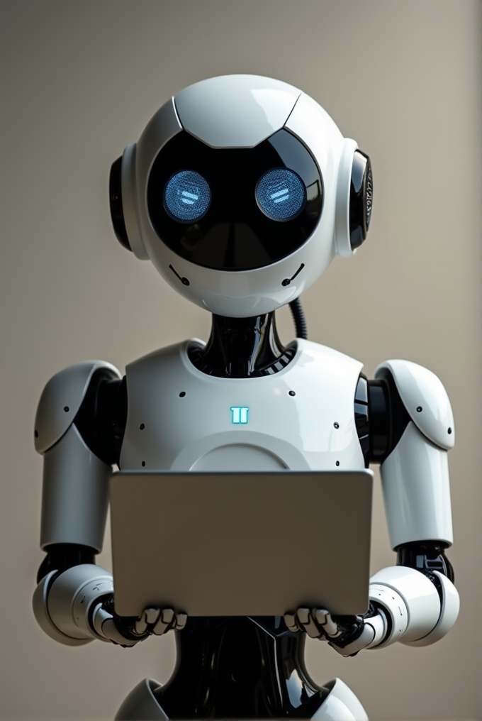 A sleek humanoid robot with a white and black design, holding a laptop and displaying expressive digital eyes.