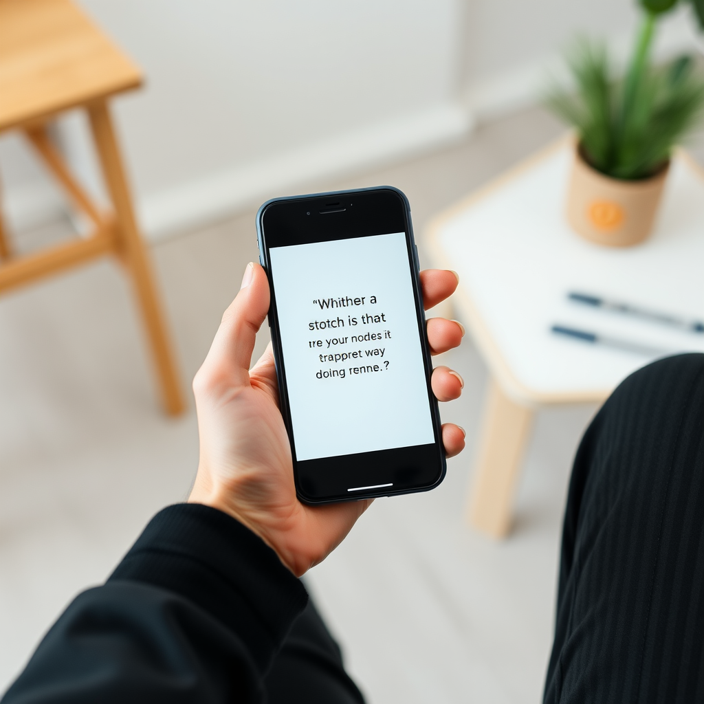 A person is holding a smartphone displaying an unclear text message in a cozy, minimalist room setting.