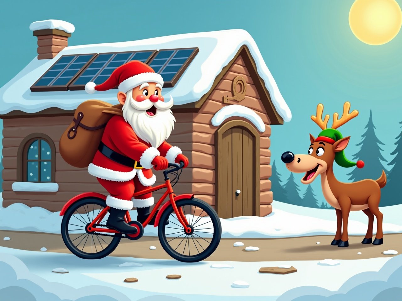 Santa Claus rides a bicycle outside workshop. Workshop features solar panels. A cheerful reindeer watches. Cartoon style illustration.