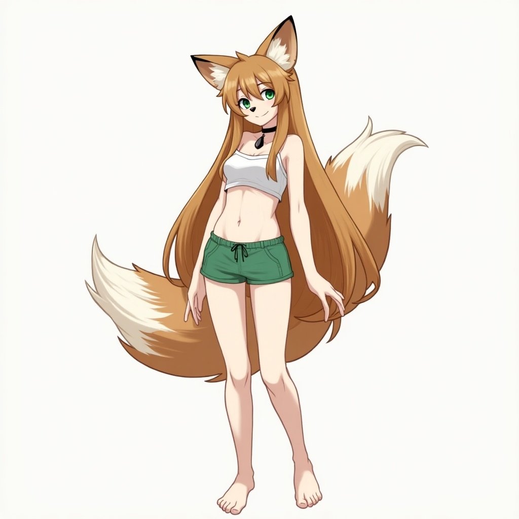 A single female character with animal features. She has fox ears and a long fox tail. The character has long brown hair and green eyes. She wears a white crop top and green shorts, standing barefoot. The background is simple and grey. The character has a friendly smile. She has a choker around her neck and earrings.