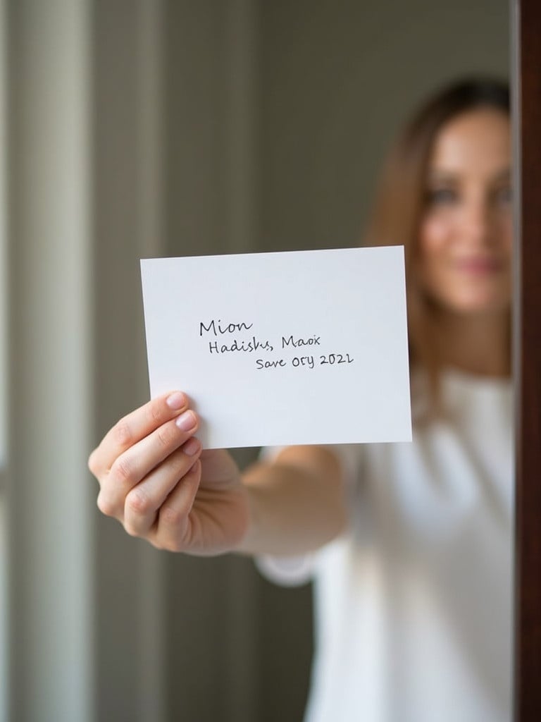 Image shows a person holding a handwritten email address on a piece of paper indoors. The person is standing in front of a mirror. The paper is the main focus with a date. Soft lighting enhances the setting.