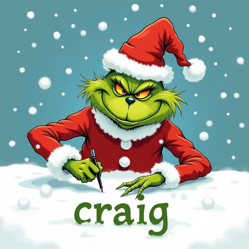 Illustration of the Grinch from Dr. Seuss with a mischievous expression. Wearing a Santa hat and coat. Writing 'craig' in the snow with snowflakes falling. Bright colors and festive atmosphere.