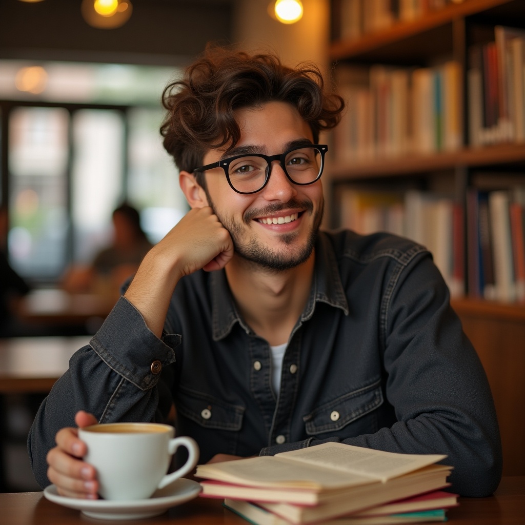 Young man with curly hair and glasses sits in a café holding a cup of coffee. Bookshelves filled with books are in the background. He is smiling warmly.