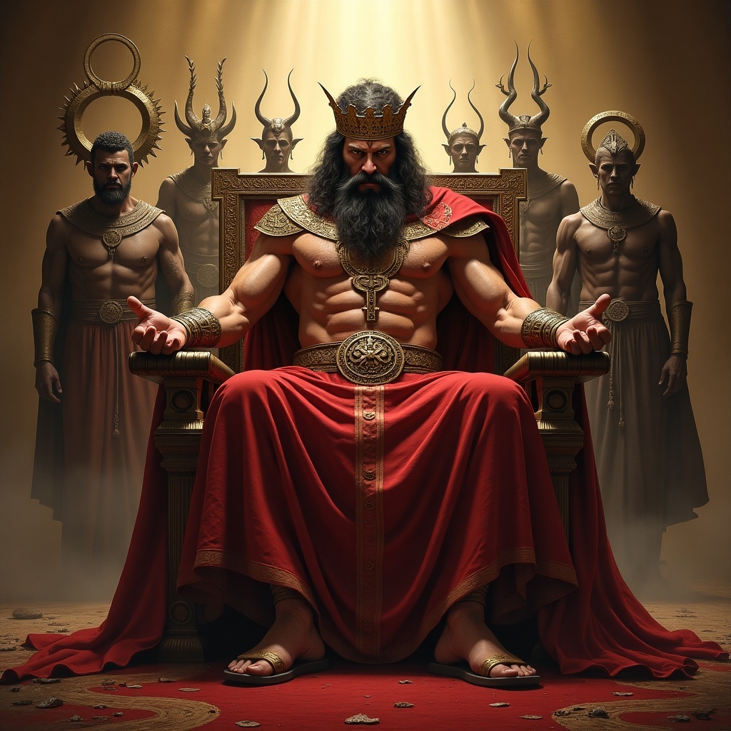 Image of a strong king on an ornate throne. Centered figure has a powerful physique. King wears a regal crown and royal robe. Anger evident on the king's face. Surrounded by faceless idols and dark altars for rituals. The setting distinguishes grandeur and ominous themes.