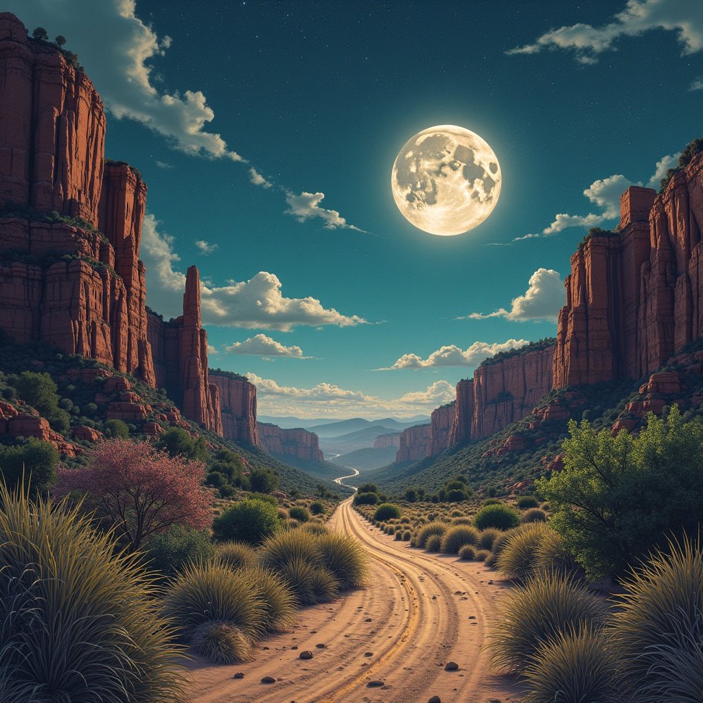 Image depicting a moonlit desert landscape with a winding road surrounded by mountains and bushes. The scene combines elements of beauty and depth. The atmosphere evokes feelings of introspection and critique of technological society.