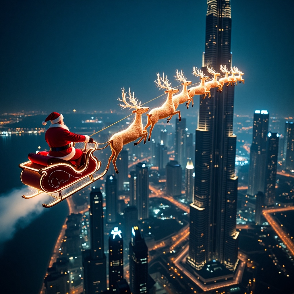 Cinematic aerial image of Santa Claus flying past the Burj Khalifa in Dubai. Sleigh pulled by nine reindeer creating a horizontal eight figure in the air with a sparkling trail. Hyper-realistic style.