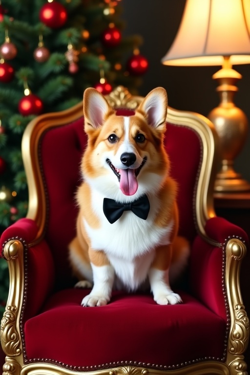 Fluffy Pembroke Welsh Corgi with golden and white coat sits on an elegant antique-style chair. Dog wears stylish black bow tie, tongue slightly out, cheerful expression. Background features cozy Christmas setting with decorated tree. Vintage table lamp casts warm glow.