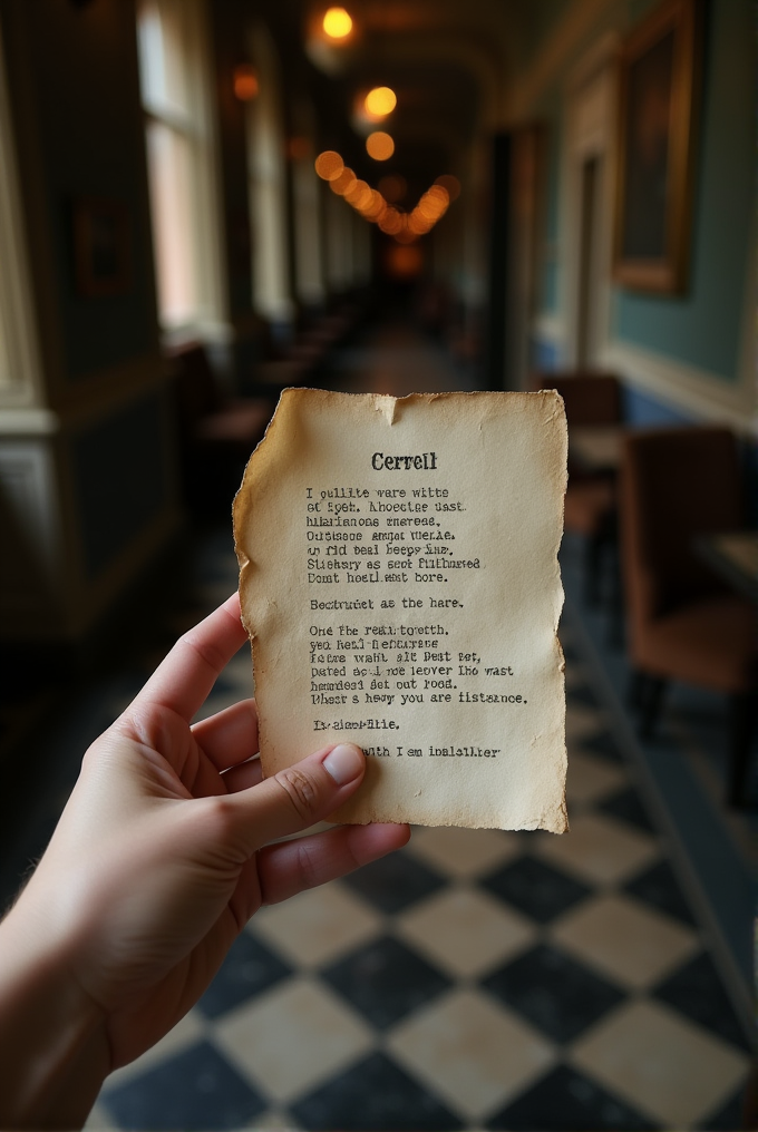 A hand holds a worn, typed piece of paper in a dimly lit, elegant hallway with patterned flooring and soft lights.