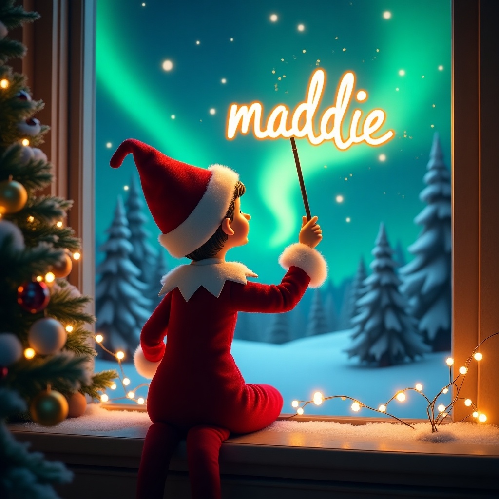 An enchanting Christmas scene features a girl elf on the shelf facing the sky, with her back to the viewer. The elf, dressed in red and white, wields a magic wand. She is writing 'maddie' in a glowing script above her, adding a touch of magic to the scene. The background showcases vibrant northern lights, illuminating the snowy landscape. The overall atmosphere is festive and whimsical, capturing the joy of the holiday season. This moment evokes wonder and excitement, embodying the spirit of Christmas.