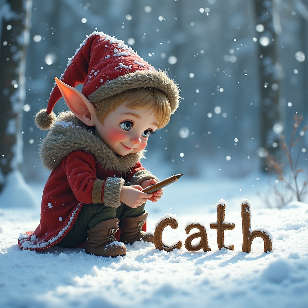 Elf character writing name Cath in snow at a winter landscape with trees.