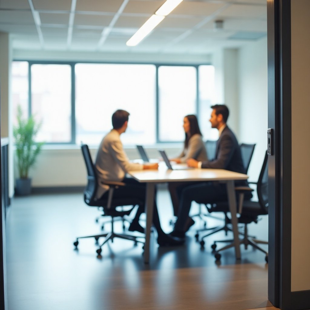 Modern clean versatile professional office atmosphere. Group of professionals having a meeting at a table. Bright natural light from large windows. Minimalist design with plants in the background.