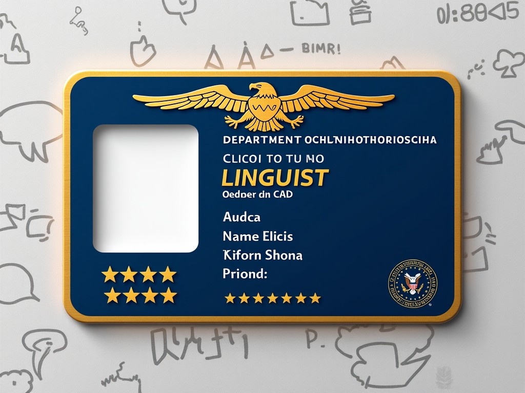 The image is a crafted novelty ID representing an employee of the United States government's Linguist Department focused on counter-terrorism efforts. It features a prominent eagle emblem at the top, symbolizing authority and security. The ID is designed in a blue and gold color scheme, typical of government IDs. There are sections indicating the employee's name and role, enhancing its authenticity while also displaying a fictitious character. The overall layout is clean, with star ratings suggesting quality or performance, making it visually appealing for novelty use.