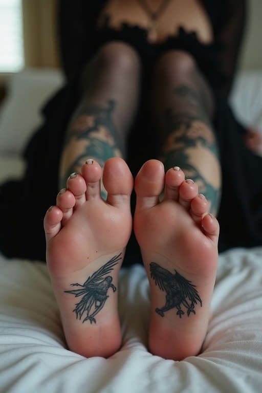 Mature goth woman lies on the bed. Her tattooed feet are visible. The image highlights the uniqueness of foot tattoos and goth culture.