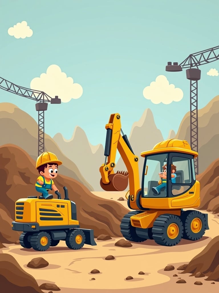 Create a birthday invitation featuring a digger and builder. Include a cartoon style with construction elements. Add details for Harish's birthday party including date December 26, 2024 at 3:30 PM. Location is 60 Dacre Street, NE33 5QD. Illustration should show diggers constructing a cake.