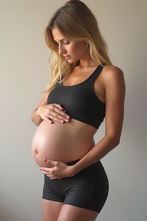 Blonde female in black tank top and shorts. Pregnant woman with a large round belly. Hands on the belly. Soft lighting emphasizes her athletic figure. Medium shot provides detail.