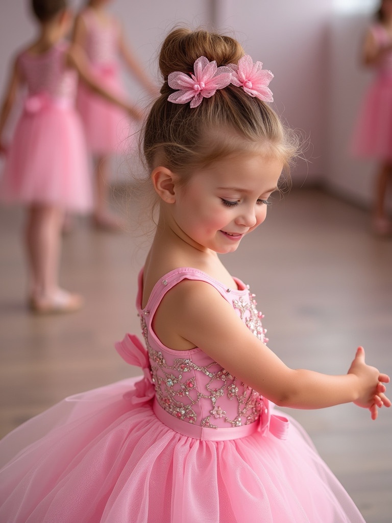 Image of little girls in pink dresses participating in a dance recital. Girls are wearing designer hair accessories. Setting is bright and cheerful.