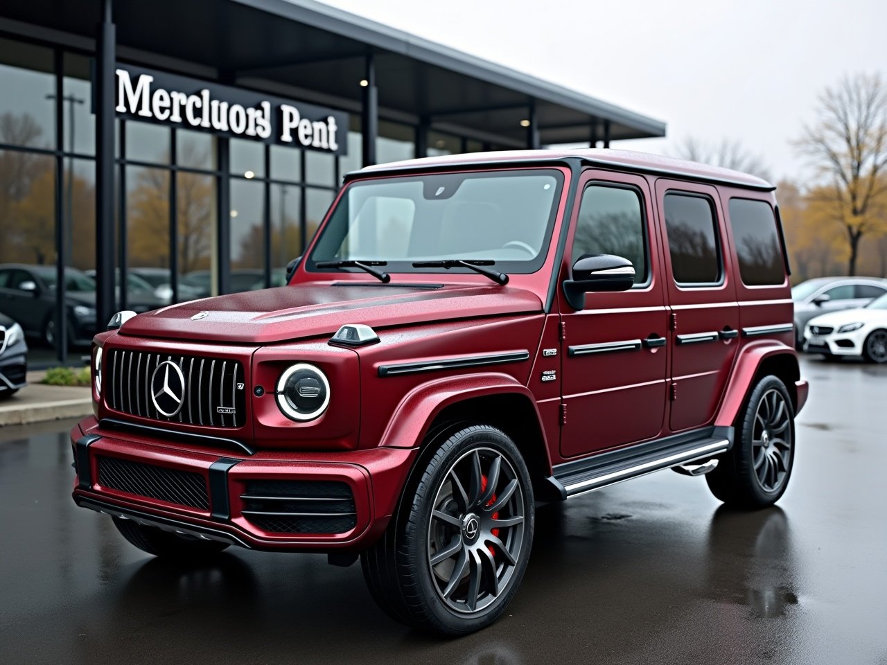 Photorealistic image of a dark bordeaux 2023 Mercedes G63 AMG. The vehicle has original 5-double spoke silver wheels. There are no optical modifications. The night package is visible without chrome elements. The car is parked at a Mercedes dealership during cloudy weather in the late afternoon. Background includes parked cars.