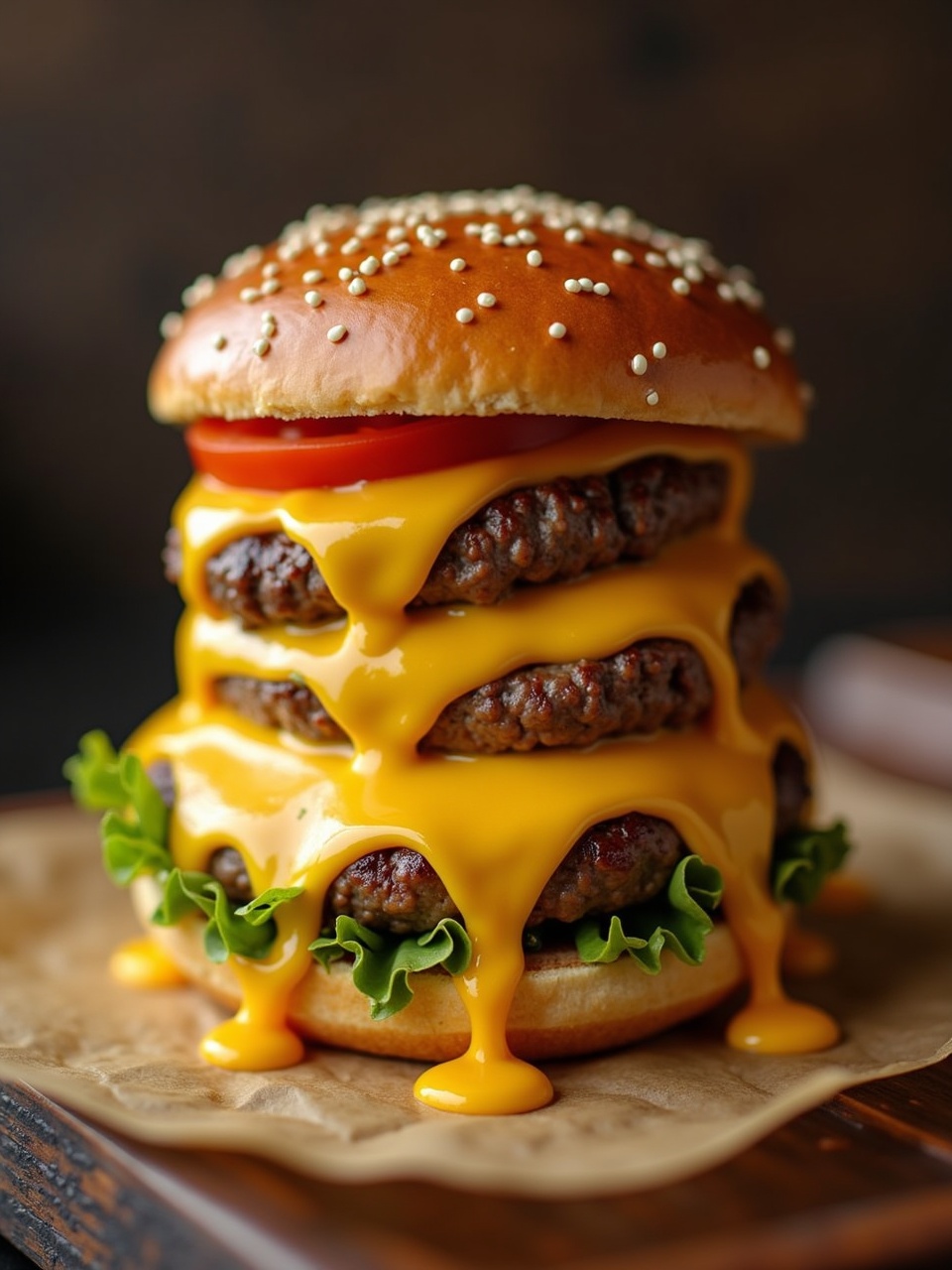 This image features a mouth-watering triple cheeseburger stacked high with melted cheese. The burger has three thick patties, each oozing with cheddar cheese cascading down the sides. Fresh tomato slices and crisp lettuce are placed beneath the top bun for an added crunch. The sesame seed topped brioche bun adds a nice texture contrast. The vibrant colors and glossy appearance make it look incredibly appetizing.