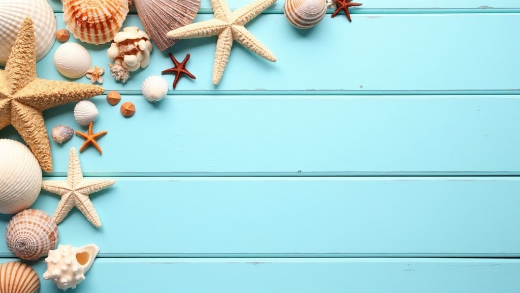 Collection of seashells starfish and marine objects arranged on light blue wooden surface. Seashells and starfish of different shapes sizes and colors create a visually appealing display. Arrangement concentrated in upper left corner leaving wooden surface empty. Showcases natural beauty and variety of marine life relevant for beach ocean nature themes.