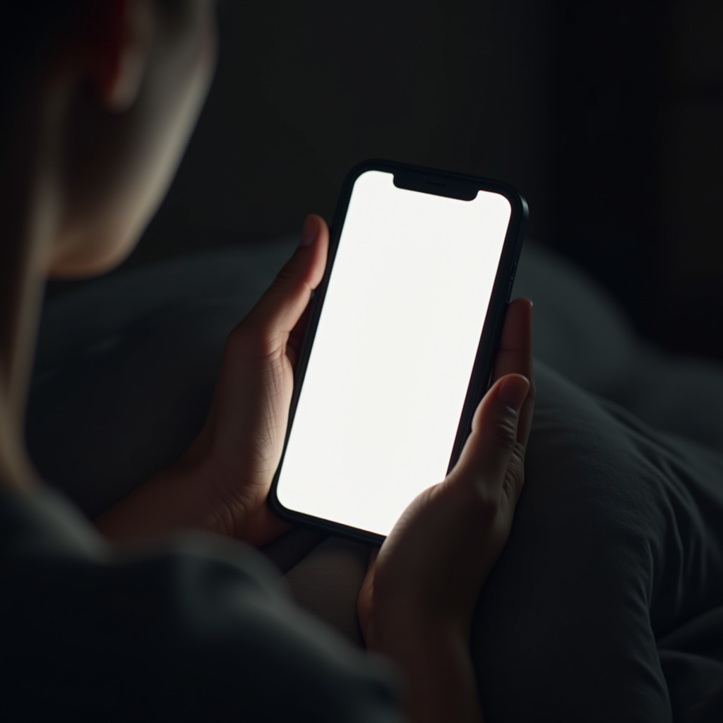 A person is holding a smartphone with a bright blank screen in a dimly lit room, casting a soft light on their hands.