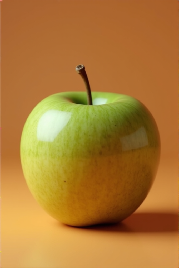 A shiny green apple sits against an orange background.