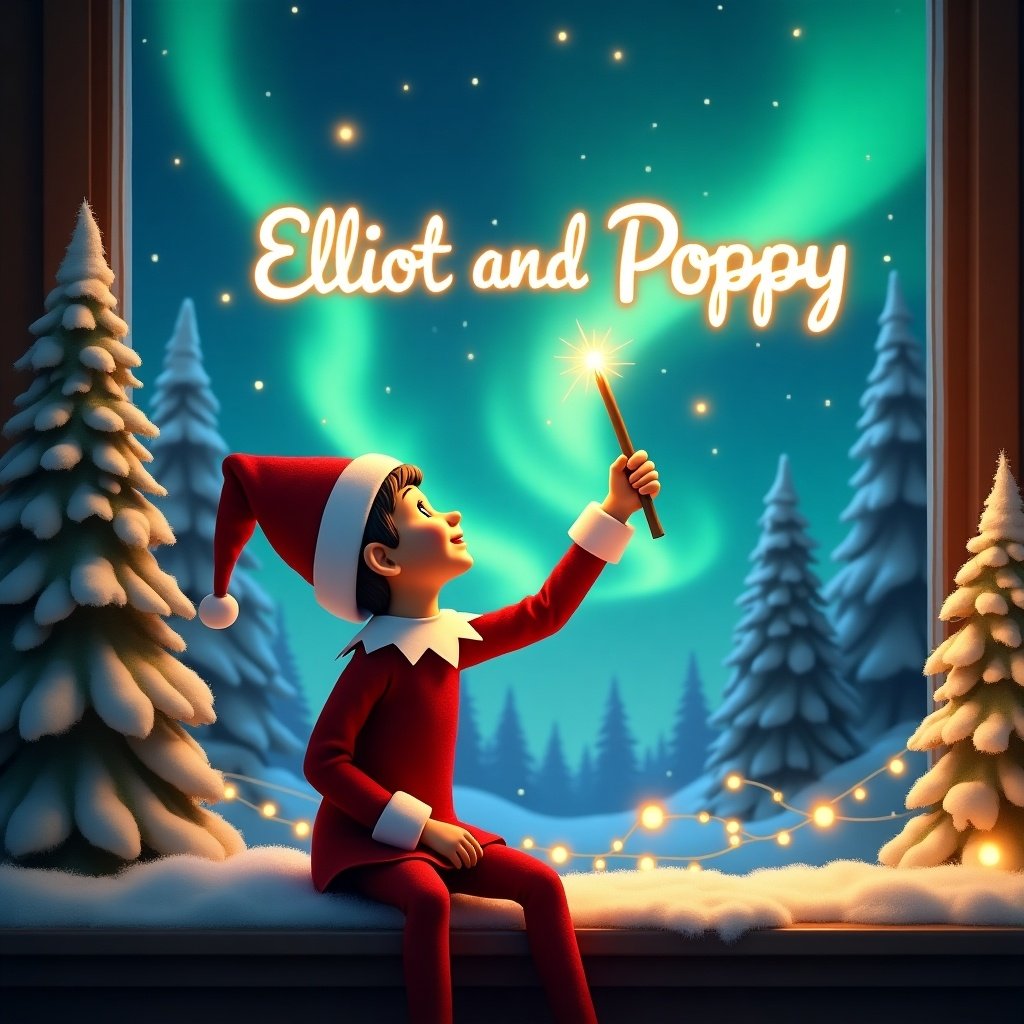 Enchanting Christmas scene featuring playful elf dressed in traditional red and white. Elf looking up at the sky with magic wand creating glowing text 'Elliot and Poppy' above. Stunning northern lights in backdrop. Surrounding elf are snow-covered trees with twinkling lights, enhancing festive ambiance.