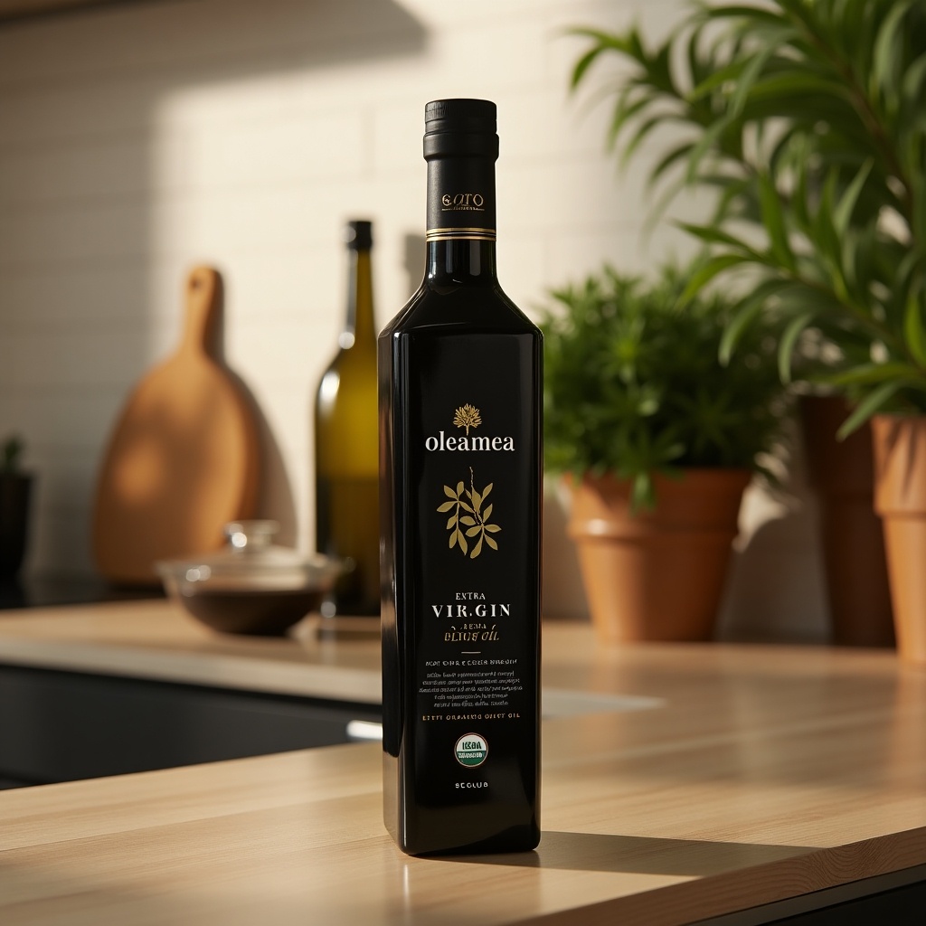 This image captures a lifestyle-focused product shot of a bottle of Oleamea extra virgin olive oil. The sleek black bottle features gold accents that highlight the brand name and USDA Organic certification. It is set in a softly lit kitchen, where natural wooden elements and green plants create a warm and inviting atmosphere. The gentle lighting emphasizes the bottle's details, presenting an elegant and high-quality product. The setting enhances the organic nature of the olive oil, making it appealing to health-conscious consumers.