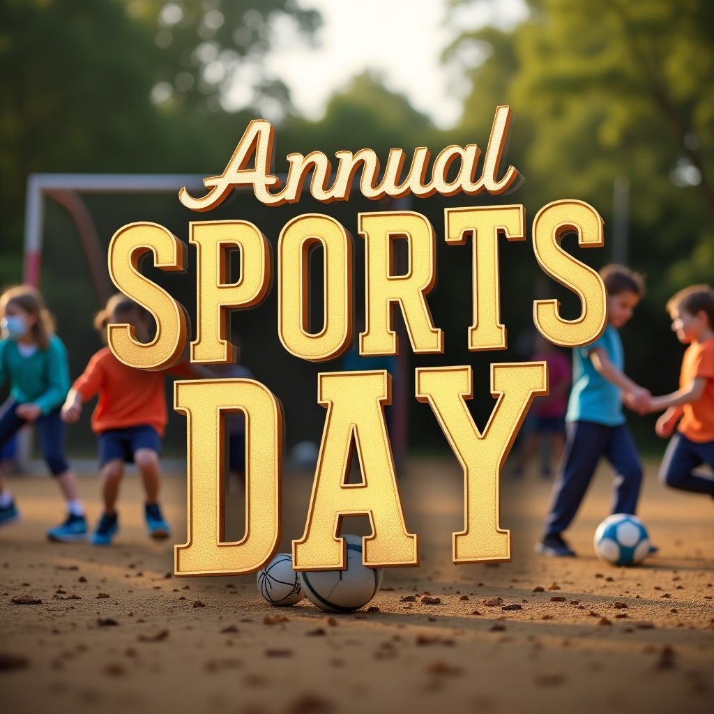 A vintage-style invitation card showcases text annual sports day in gold letters. Background shows children engaged in sports activities. Warm natural lighting enhances the vintage aesthetic. Designed to attract attention for a community school sports event. Blends stylish typography with a lively atmosphere for inviting attendees to fun-filled activities.