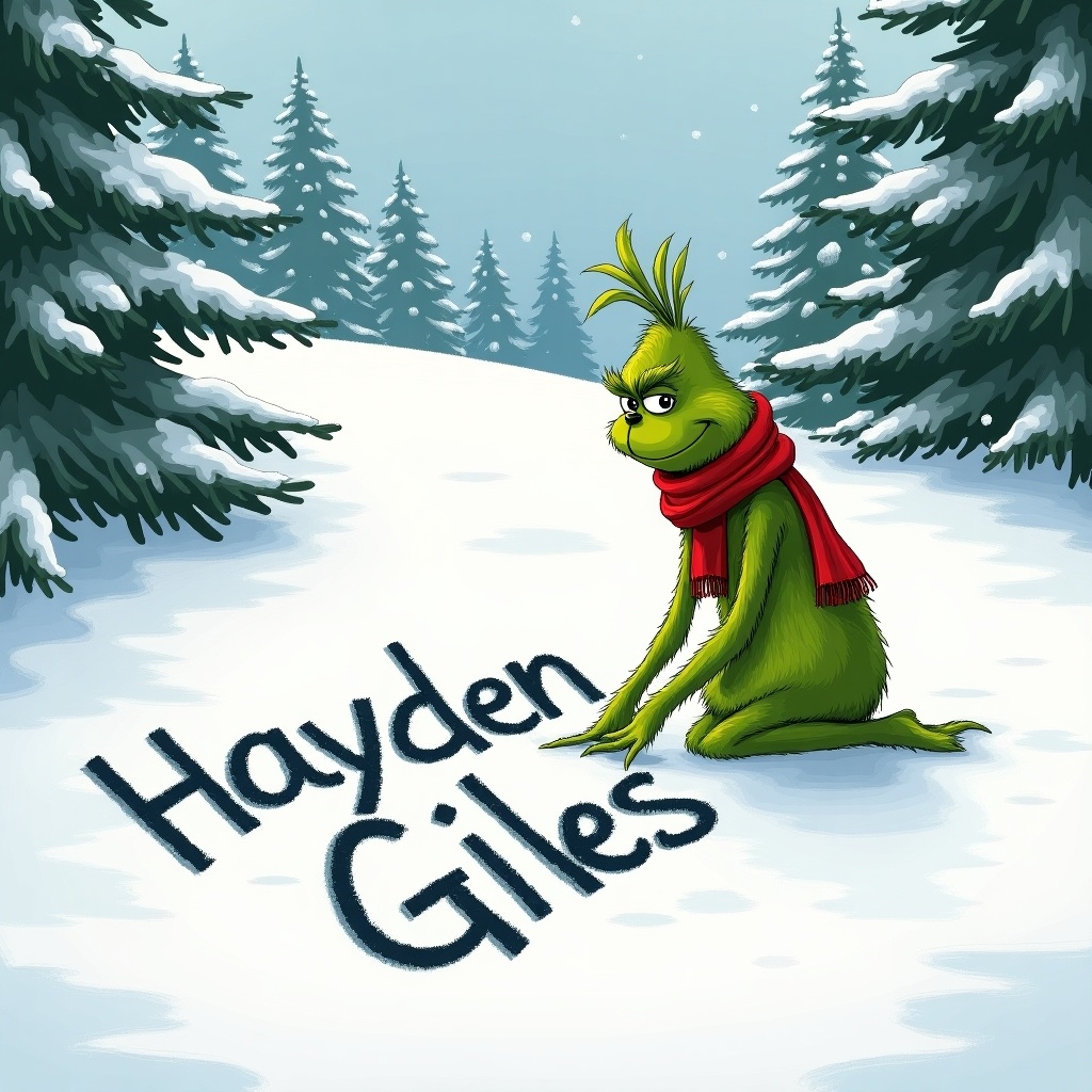 The Grinch is writing in the snow. Scene shows snow-covered hills and evergreen trees. The Grinch is green with a red scarf. The name 'Hayden Giles' is written in the snow.