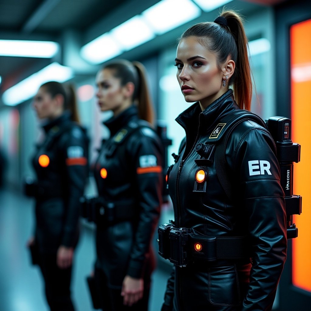 The image features three futuristic medics lined up, set in a sleek, cyberpunk environment. They are clad in shiny black outfits with a sleek design, complete with bright orange lights accentuating their garments. The scene captures the high-tech aesthetics of a futuristic world where advanced medical technology meets urban life. Each medic stands confidently, showcasing the blending of fashion and functionality in emergency response. The background suggests a modern, neon-lit setting, enhancing the sci-fi feel of the composition.