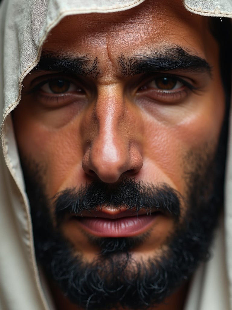 Portrait of an Arab male. The image features cultural attire and traditional elements. The lighting is soft and natural. The focus is on unique facial features.