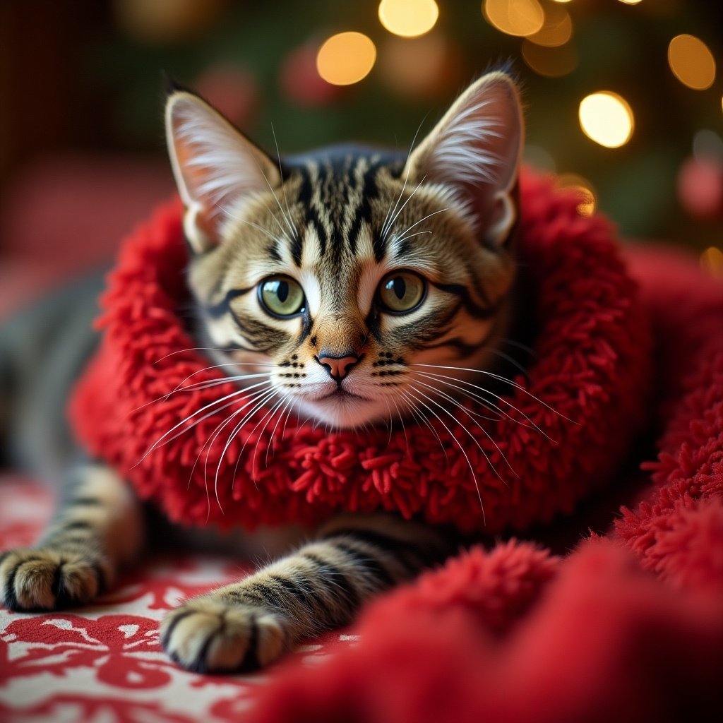 A kitten wrapped in a fluffy red scarf during Christmas. Soft lighting creates a festive atmosphere with a Christmas tree in the background.