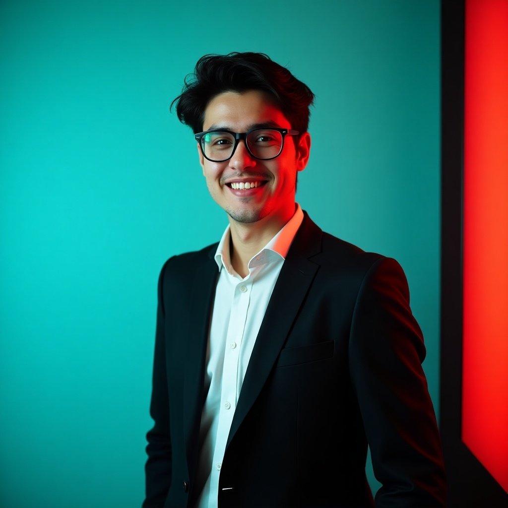 A young man with dark hair smiles confidently wearing a black blazer over a white shirt and glasses. He poses against an aqua background with subtle red lighting, suitable for a LinkedIn profile.