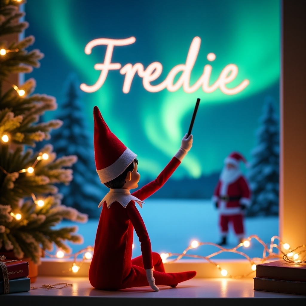 This image features an Elf on the Shelf with his back to the viewer, immersed in the magic of Christmas. The elf, dressed in traditional red and white attire, is joyfully using a wand to write the name 'Freddie' in the starry sky. Behind him, the breathtaking northern lights illuminate the night, accompanied by a silhouette of Santa in the snowy landscape. Twinkling fairy lights and a beautifully decorated Christmas tree contribute to the enchanting scene. This whimsical holiday imagery captures a sense of wonder, joy, and festive spirit, perfect for the Christmas season.