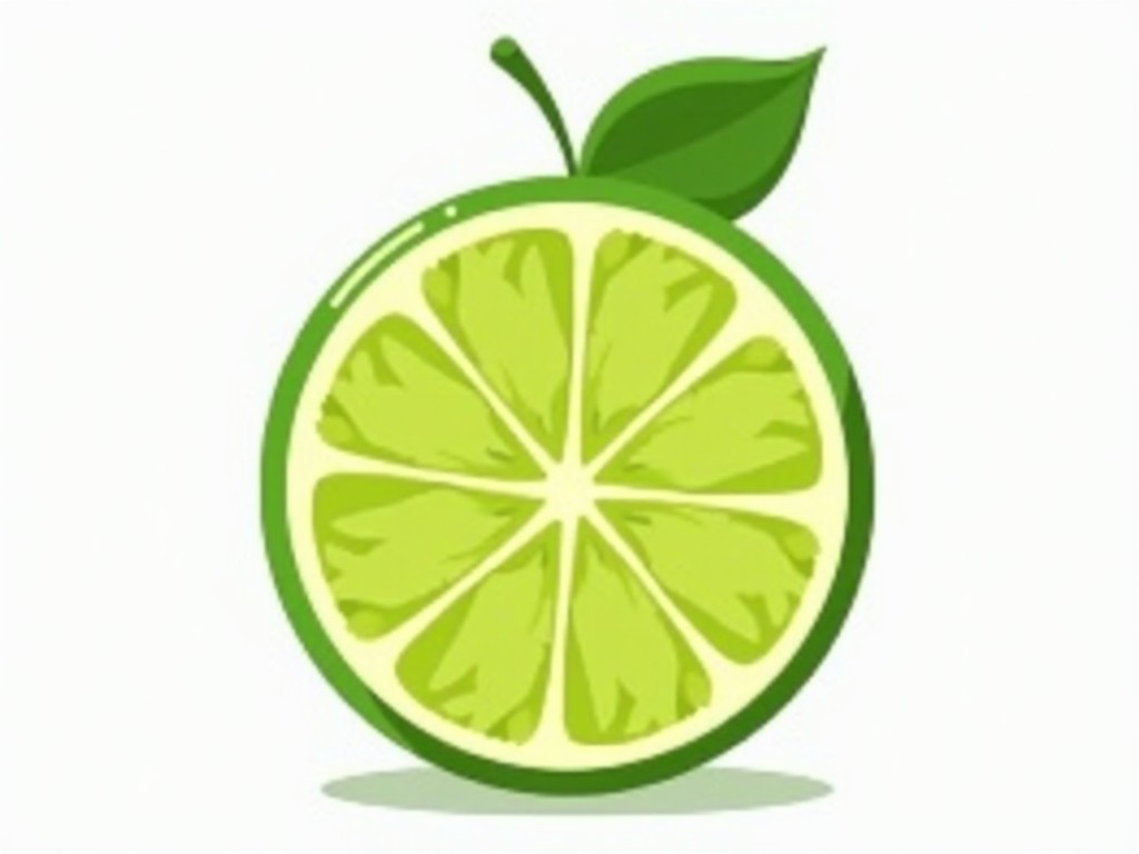 The image features a vibrant green lime sliced in half. The lime's interior showcases its juicy segments, brightly colored and arranged in a circular pattern. Two green leaves are attached at the top, adding a fresh touch to the visual. The lime is depicted in a flat design style, making it look cheerful and inviting. Overall, it emphasizes the tangy, refreshing nature of the fruit, perfect for culinary uses or beverages.