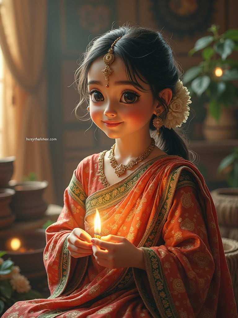 Depiction of a divine figure inspired by Agneshwari Devi in traditional attire. The figure holds a candle, symbolizing divine energy. Warm and inviting atmosphere with soft lighting and bright colors. Subject evokes feelings of spirituality and peace.