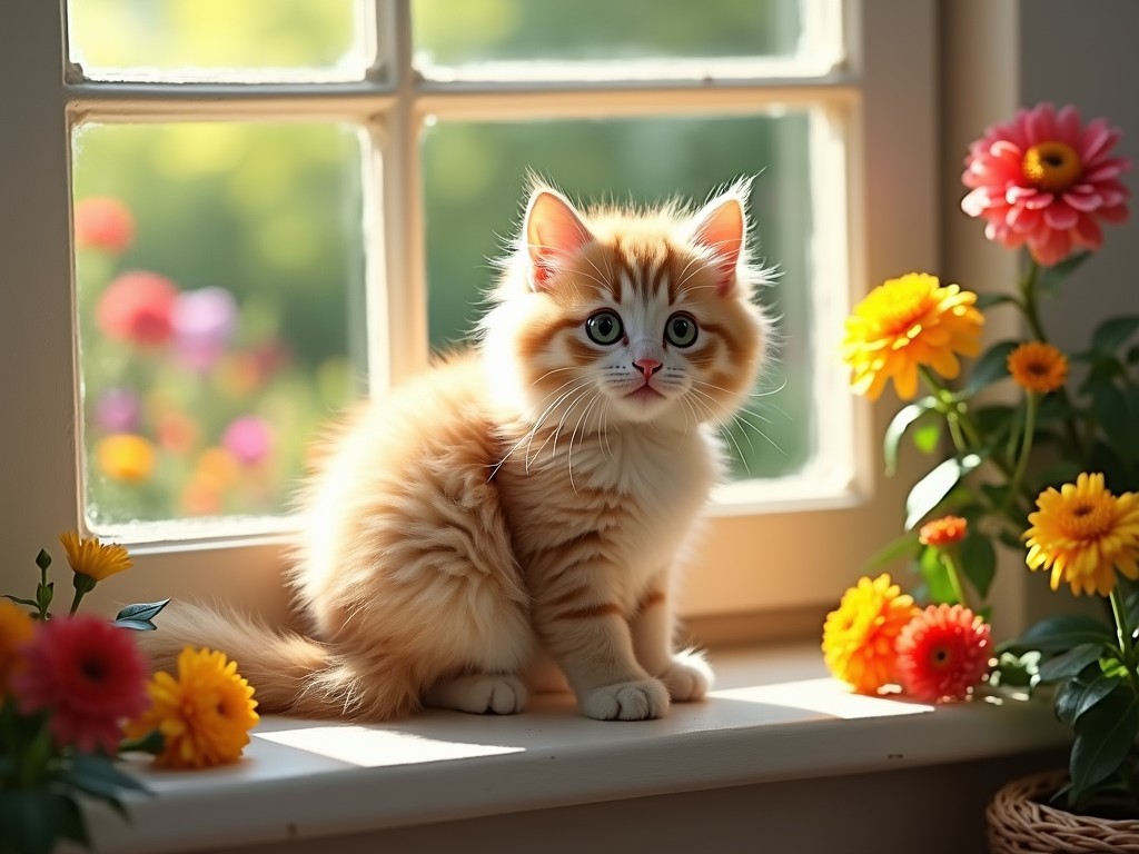 A fluffy ginger kitten with bright eyes sits on a windowsill, bathed in warm sunlight. Surrounding the kitten, vibrant orange and yellow flowers add a pop of color to the scene, while a blurred garden view through the window enhances the tranquil and idyllic setting.