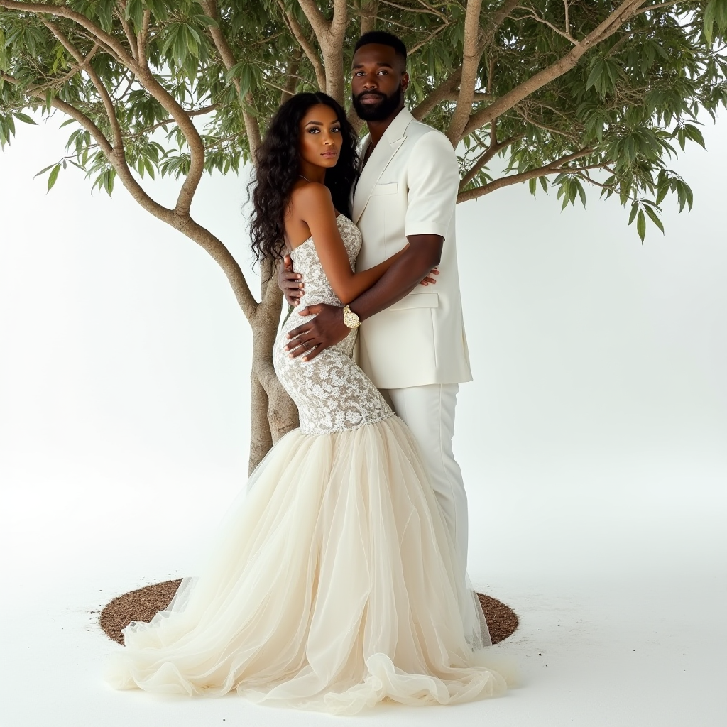 A couple poses gracefully under a tree, wearing formal attire against a white background.