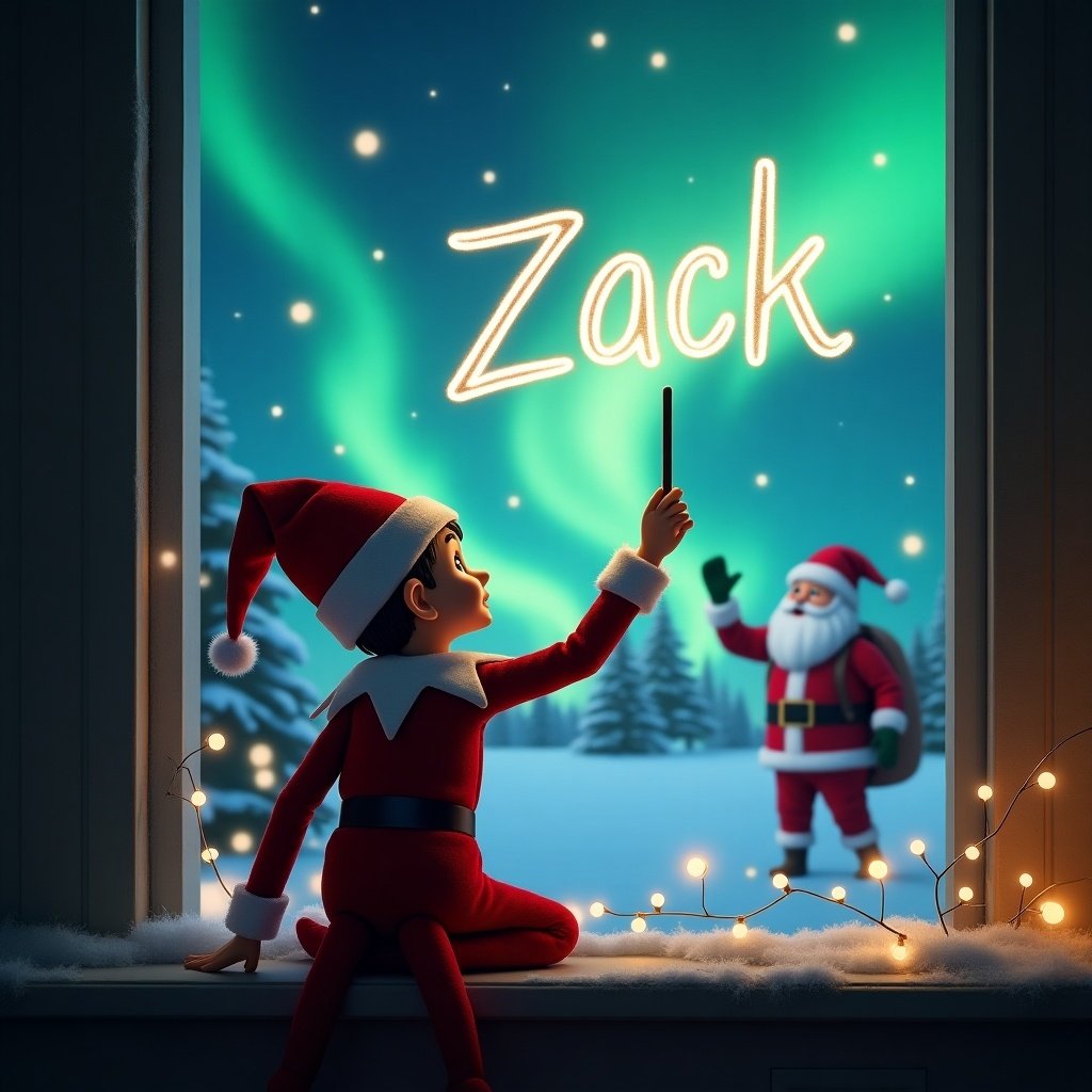 An enchanting scene featuring an elf on the shelf with his back to the viewer. The elf is joyfully using a wand to write 'Zack' in the night sky. In the background, a magical winter landscape illuminated by stunning northern lights captivates the eye. Santa Claus stands nearby, adding to the festive atmosphere. Christmas lights twinkle around the window, creating a cozy, holiday vibe. This imagery captures the wonder of Christmas and the joy of personalization for young children.