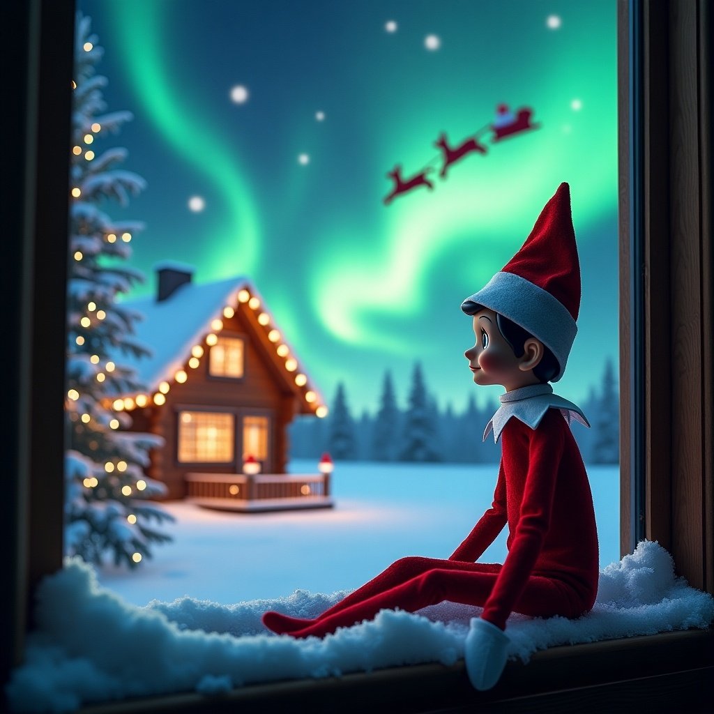 An elf on the shelf sits on a snowy window ledge, gazing up at the night sky. The background features colorful northern lights swirling above a cozy cabin decorated for the holiday season. Snow blankets the ground, enhancing the winter charm. In the distance, Santa and his sleigh can be spotted flying across the sky, completing the magical holiday scene. The elf embodies the spirit of Christmas, bringing joy and wonder to the viewer. The background features mesmerizing northern lights illuminating the night. With the name "Brodie" written in the sky.