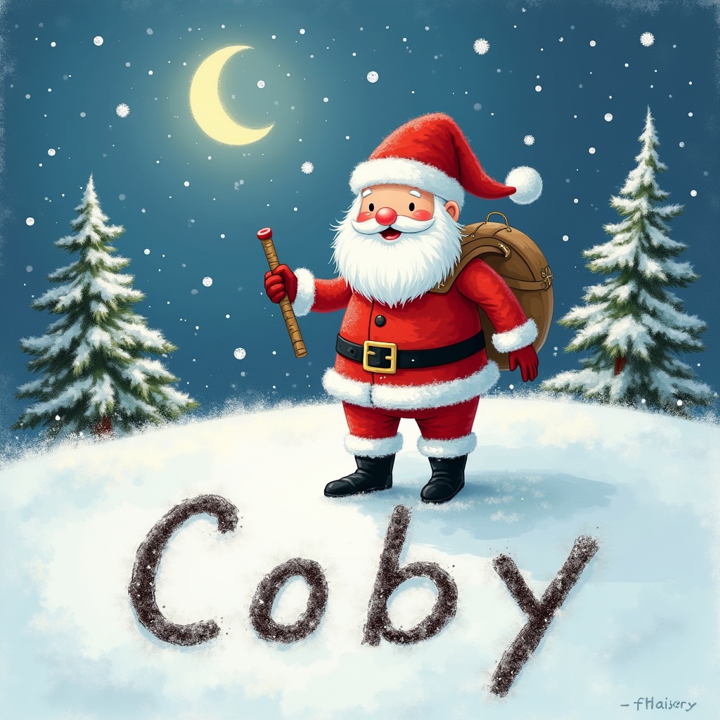 The image depicts a jolly Santa Claus standing in a snowy winter landscape. He is dressed in a traditional red suit and hat, holding a flute in one hand. In the snow at his feet, he has drawn the name 'Coby' using his finger. The background features two pine trees covered in snow, and a crescent moon shines brightly in the night sky. The scene evokes a feeling of joy and holiday spirit, perfect for celebrating Christmas.