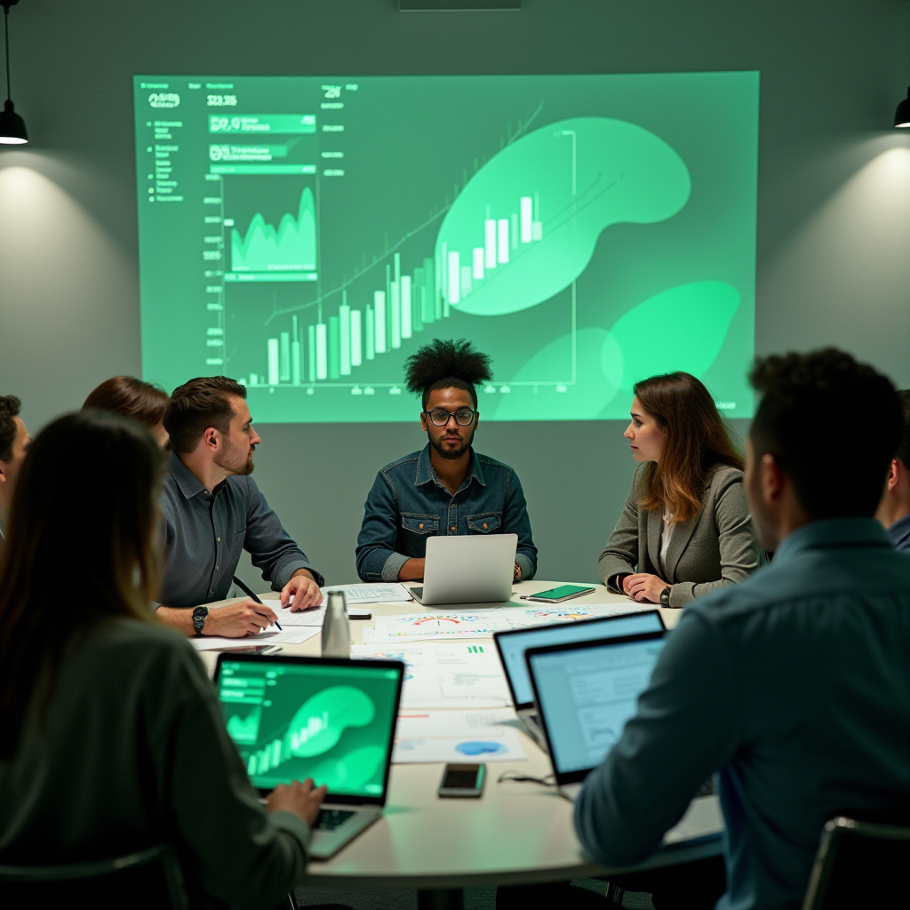 A diverse team discussing data projections in a modern conference room.