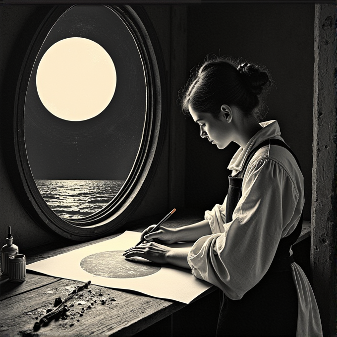 A woman sketches by moonlight, framed by a large circular window overlooking the sea.