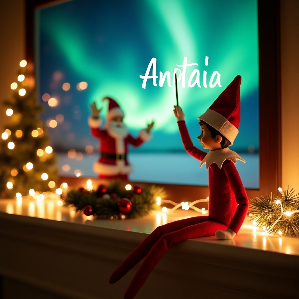 The image features a cheerful elf on the shelf named Woolly sitting on a mantel. Dressed in a classic red outfit with a white collar and hat, the elf has a friendly smile that captures the magic of the holiday season. Surrounding Woolly are festive decorations, including a wreath and Christmas lights that create a warm ambiance. The background is softly illuminated with glowing lights, enhancing the cozy holiday feel. This scene embodies the spirit of Christmas and family traditions, inviting joy and nostalgia. An adorable scene captures an Elf on the Shelf with his back to the viewer, He is facing a breathtaking nighttime sky illuminated by the northern lights, The elf, dressed in traditional holiday attire, is using a magic wand to elegantly write the names 'Asher' and 'Naia' in the air. In the background, Santa Claus joyfully waves, creating a sense of wonder and joy. The scene is completed with decorative Christmas elements like a beautifully lit tree and twinkling fairy lights, evoking a festive spirit.